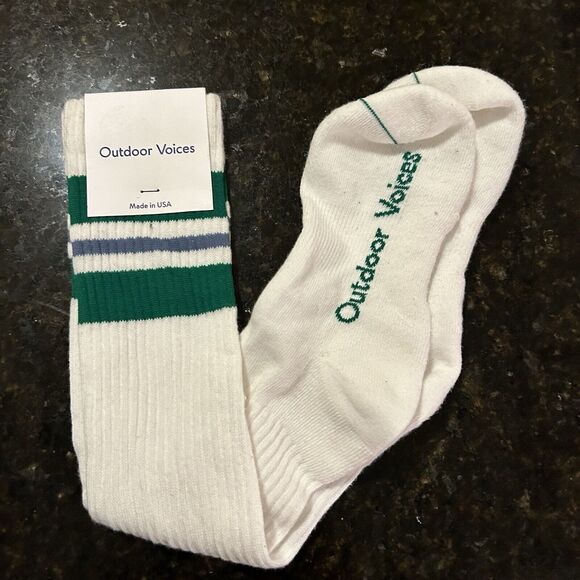 Outdoor Voices Tall Stripe Crew Socks Size Small Medium White Kelly Green New - Picture 1 of 6